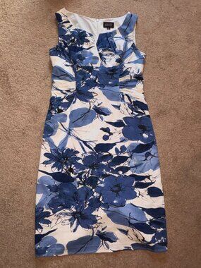 Adrianna Papel Blue White Pique Abstract Watercolor Print Fitted Dress 8-10